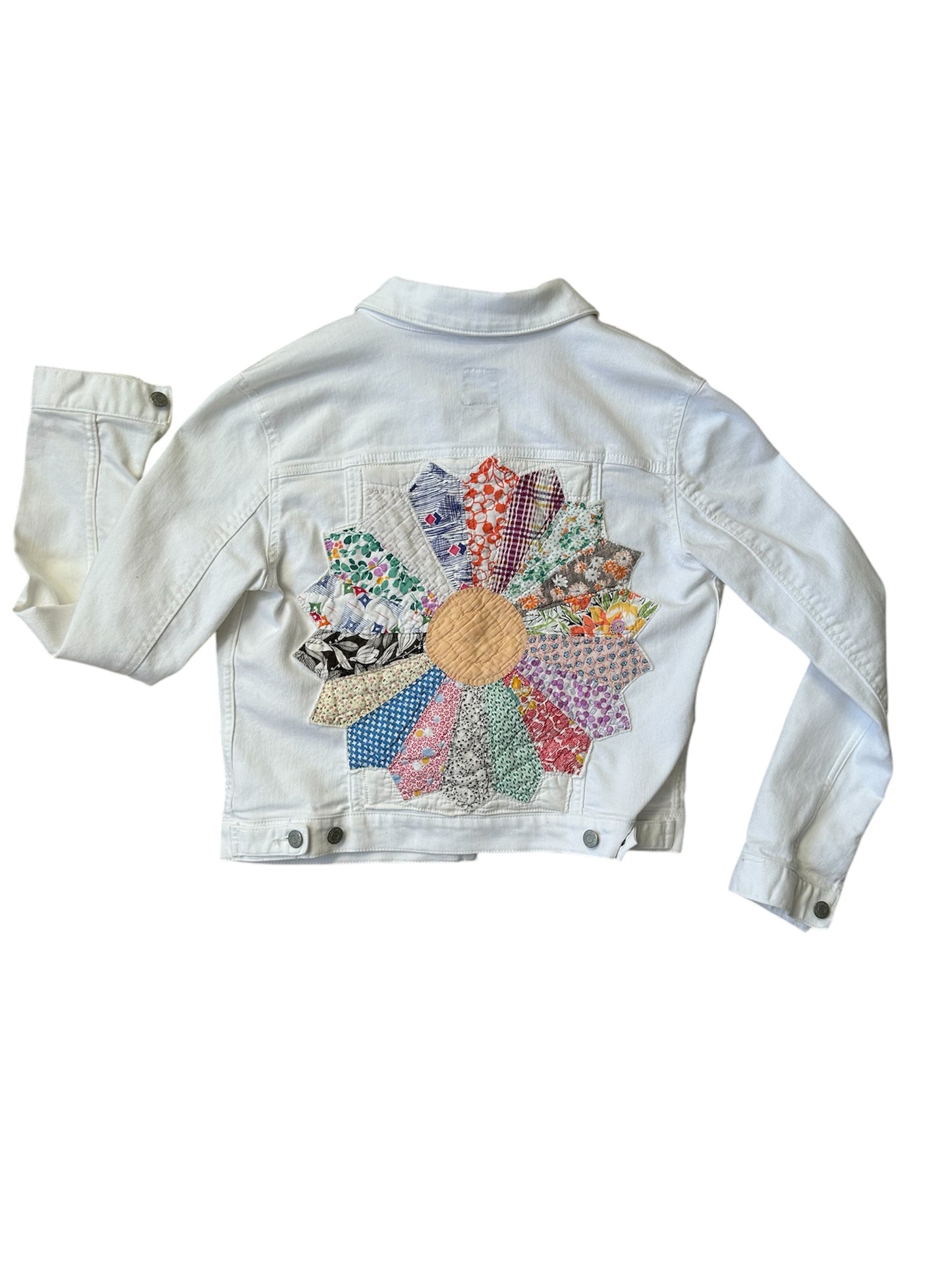 VIntage Feedsack Quilt Block on White Gap Jean Jacket