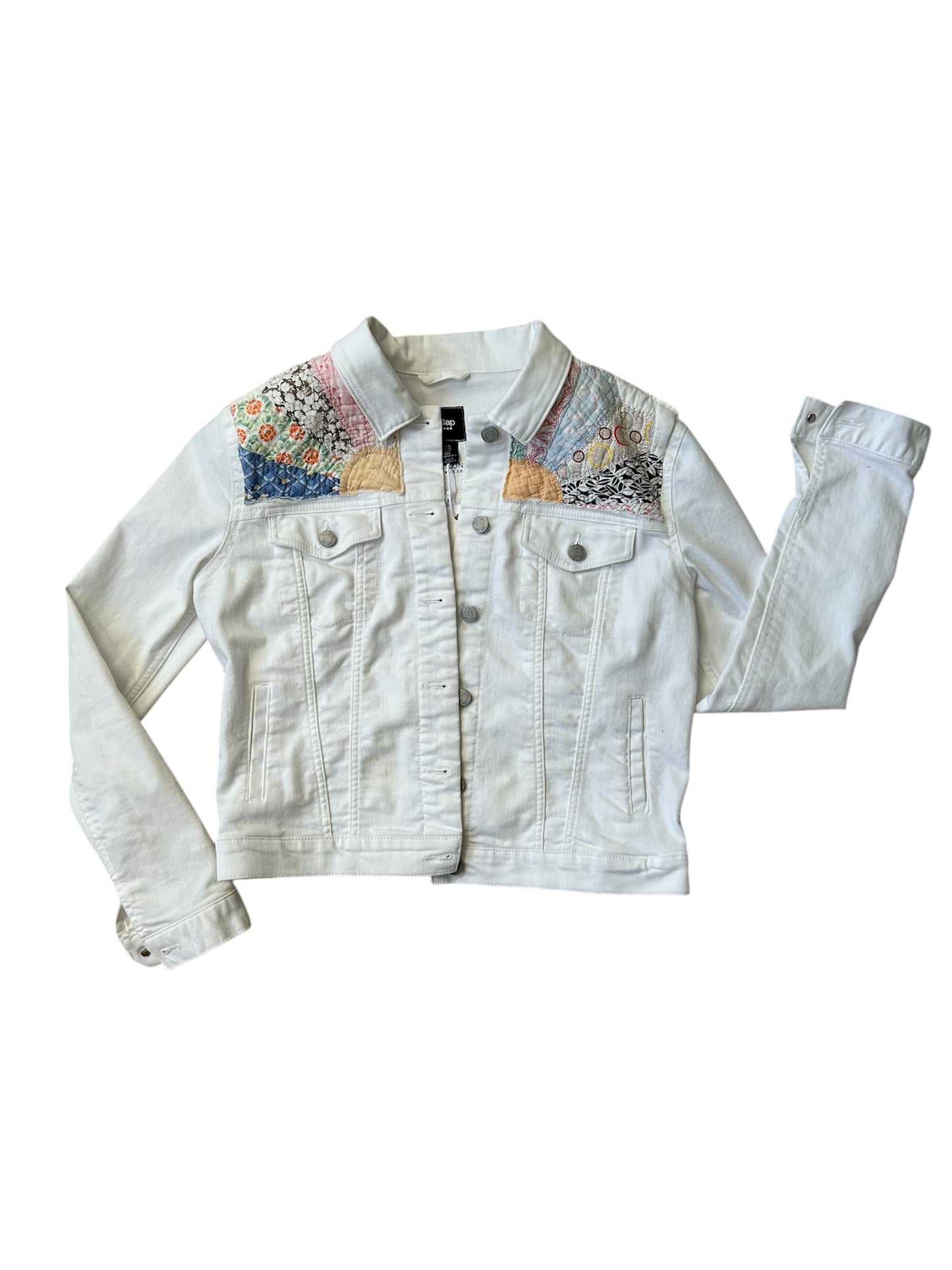 VIntage Feedsack Quilt Block on White Gap Jean Jacket
