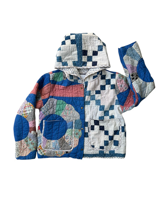 Hooded Blue Vintage Quilt Coat/ One of a Kind