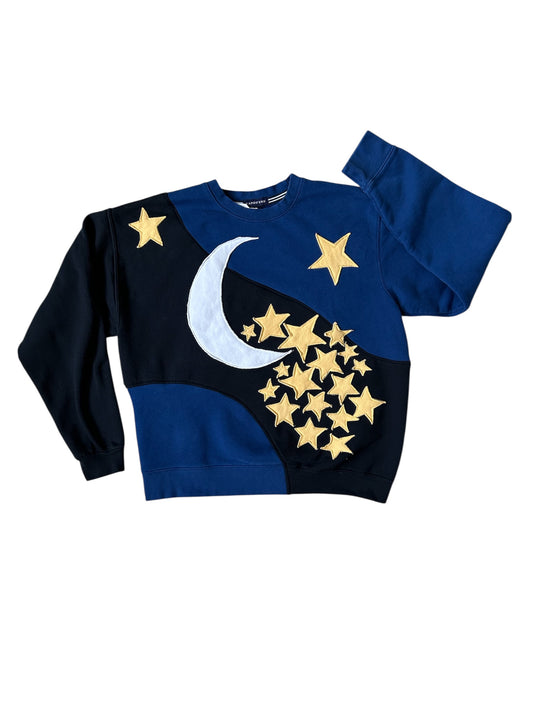Falling Stars, Night Sky, Two Toned Upcycled Sweatshirt, Moon and Stars