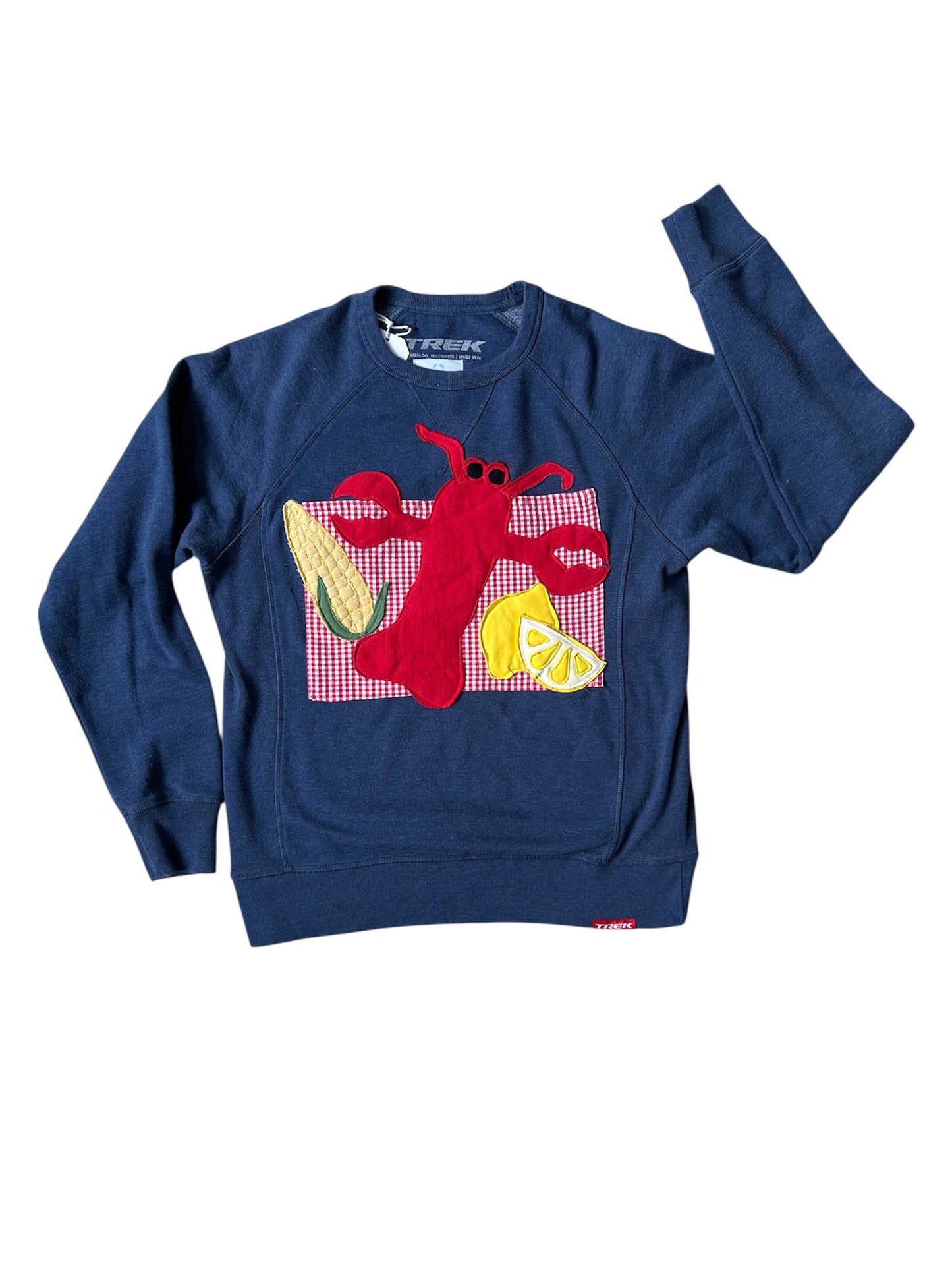 Blue sweatshirt with a red lobster design on a white background