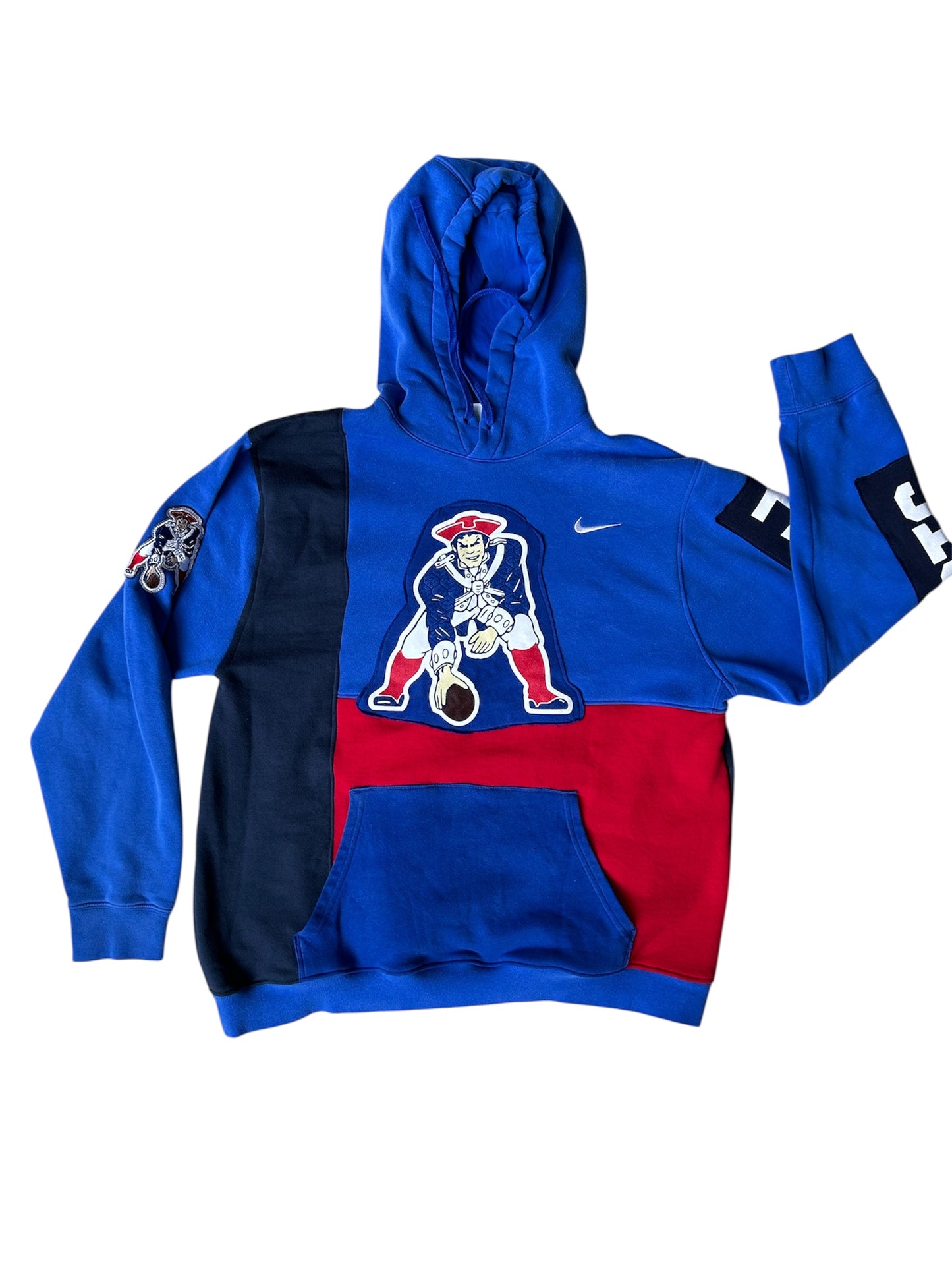 Blue, red, and black hoodie with a logo on a white background