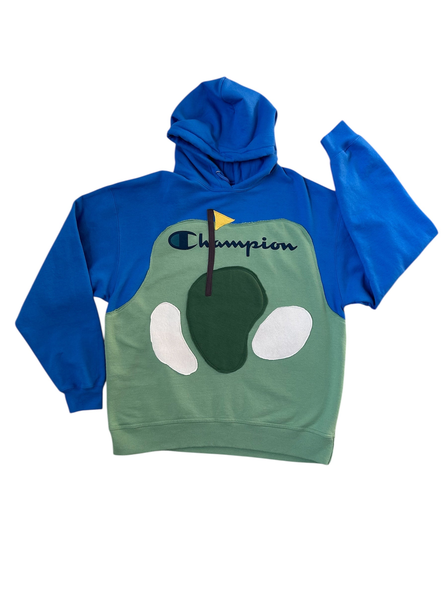 Blue and green hoodie with a logo on a white background