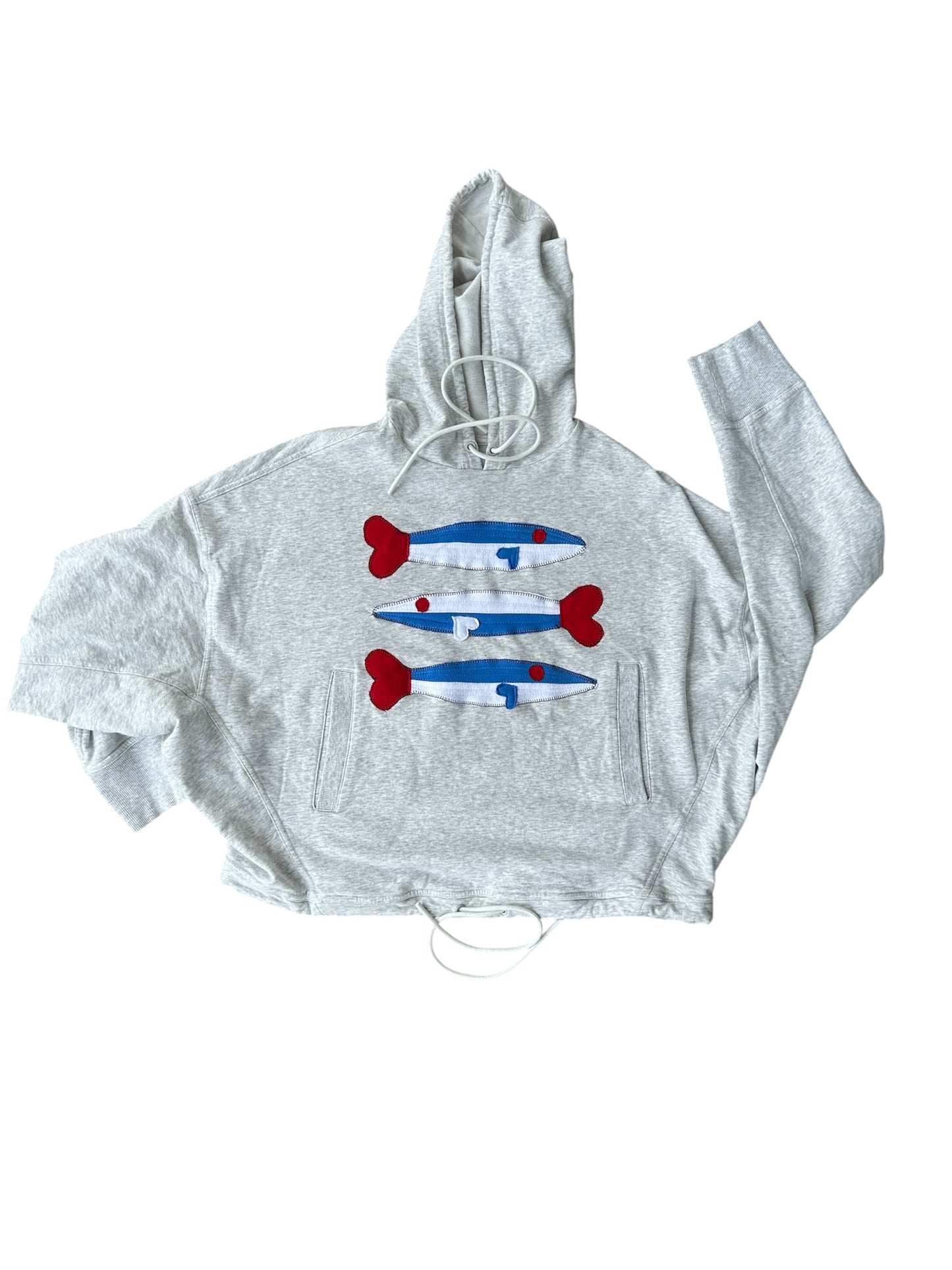 Gray hoodie with red, white, and blue graphic on a white background